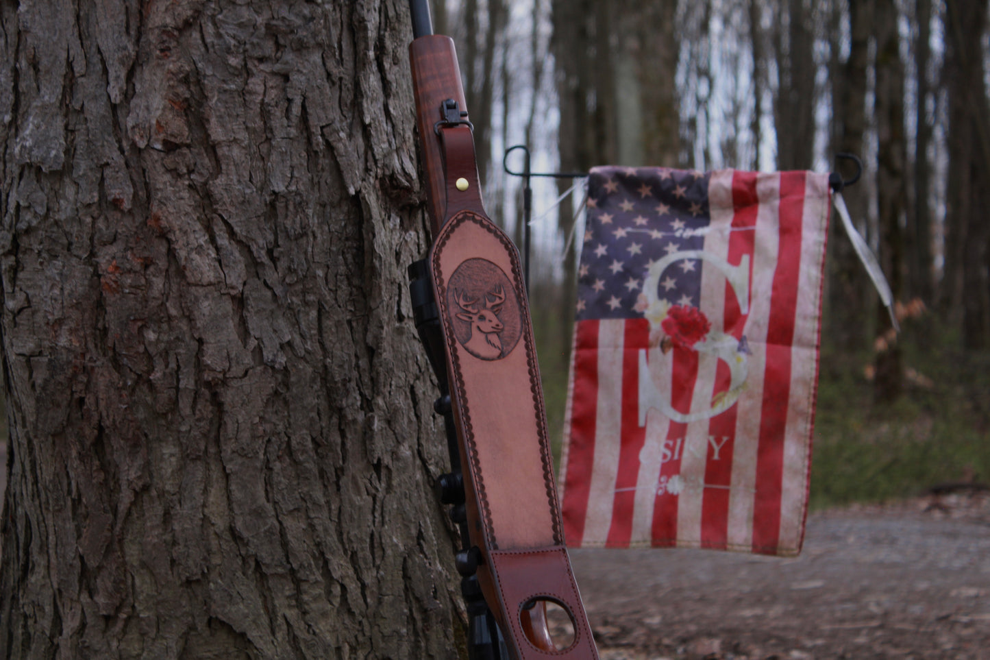 Hand Tooled Gun Strap, rifle sling, on gun