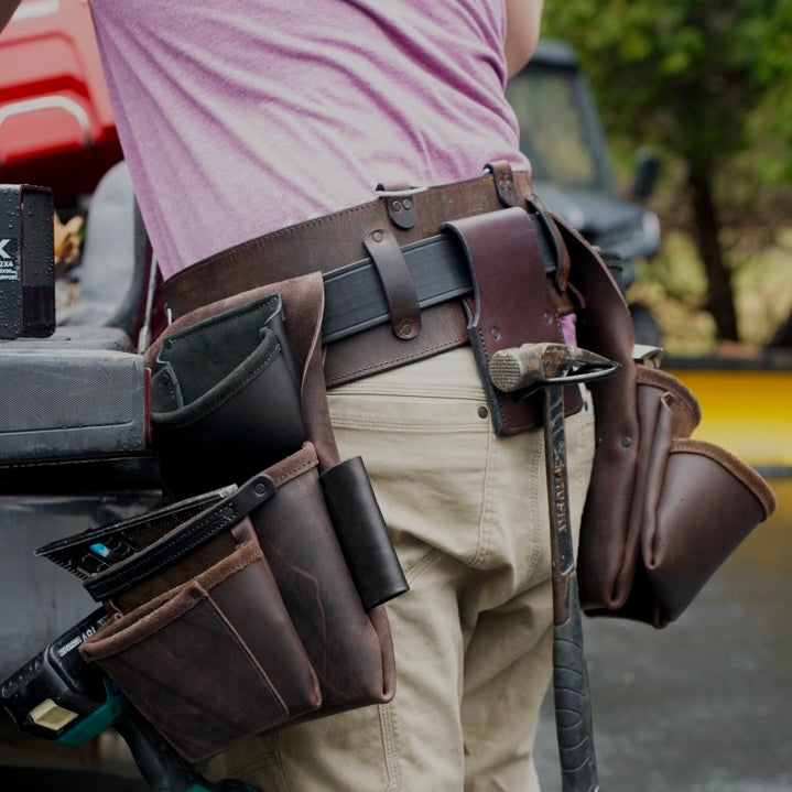 Left Side Leather Tool Bag, brown, back view on person