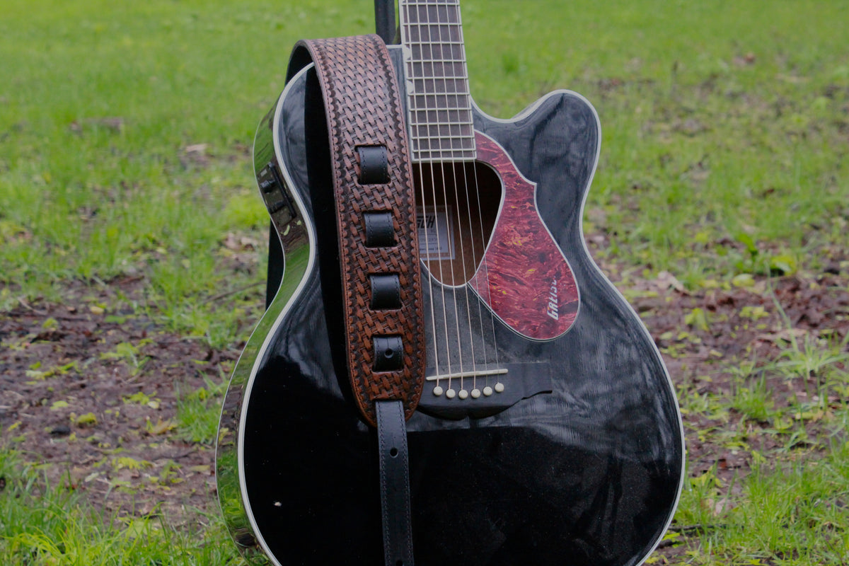 Custom Hand Tooled Leather Guitar Strap, front view bottom