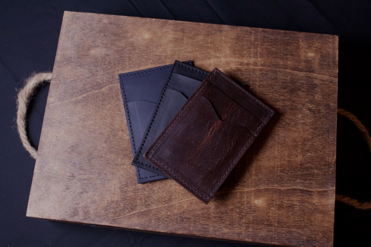 3 Barebones Card Wallet (portrait) stacked, leather slim wallet, top view