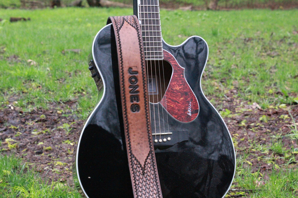 Custom Hand Tooled Leather Guitar Strap, front view