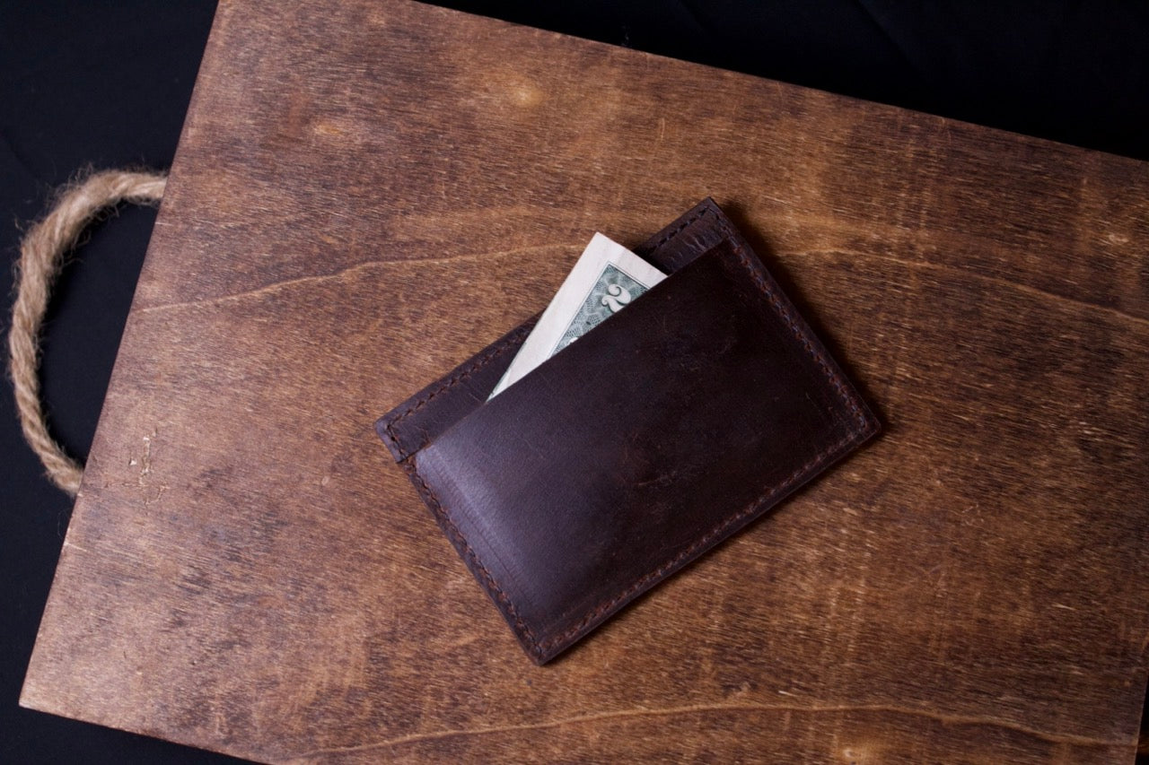 Barebones Card Wallet (portrait), leather slim wallet, brown, back view