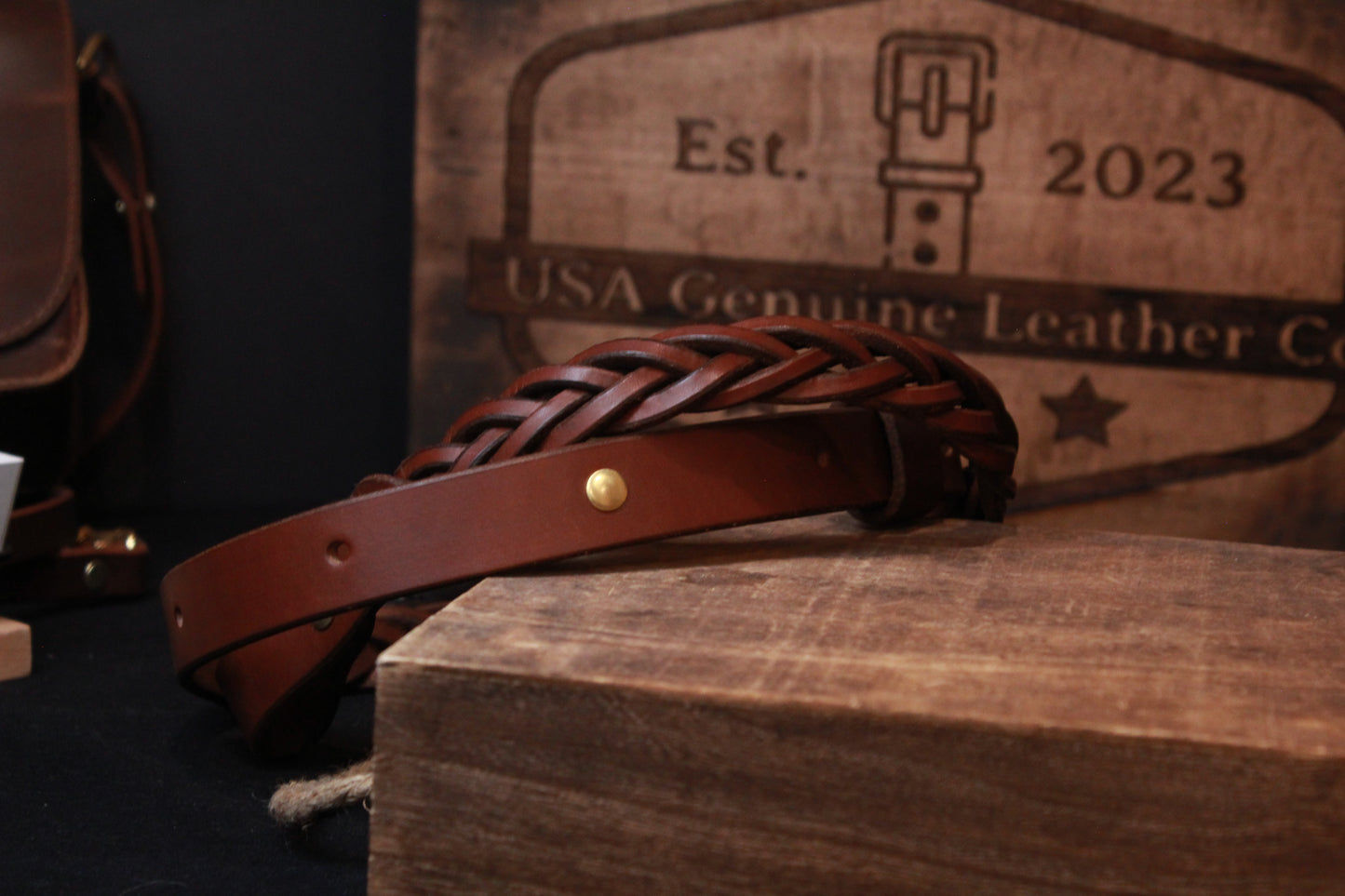 Brown Braided Leather Gun Sling - brown braided leather gun strap - brown - front right - braided leather rifle sling - braided leather rifle strap for hunting