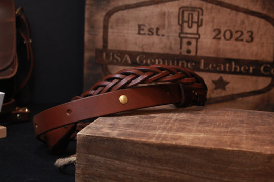 Brown Braided Leather Gun Sling - brown braided leather gun strap - brown - front right - braided leather rifle sling - braided leather rifle strap for hunting