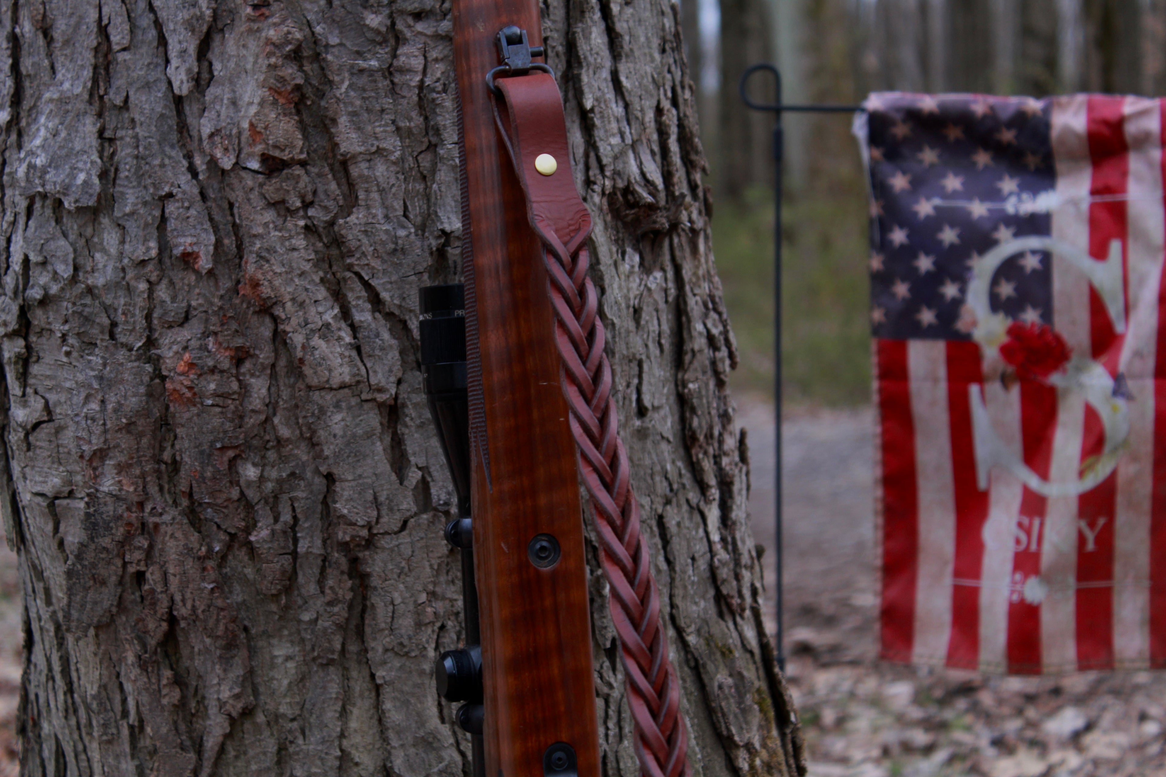 brown Braided leather Gun Sling, brown braided leather gun strap - Brown  - on gun - braided leather rifle sling - braided leather rifle strap for hunting