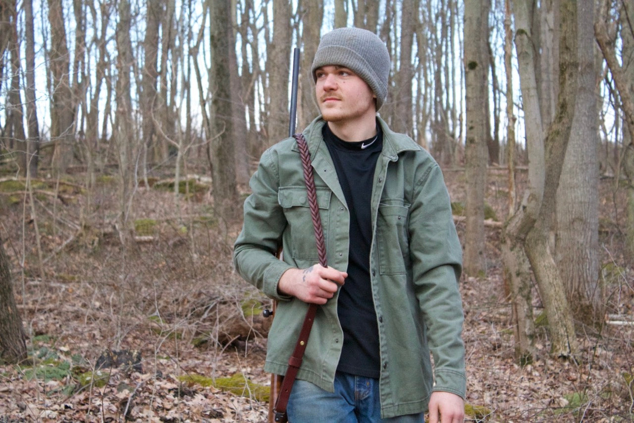 brown Braided Leather Gun Sling, brown braided leather gun strap, on gun, carried - braided leather rifle sling - braided leather rifle strap for hunting 