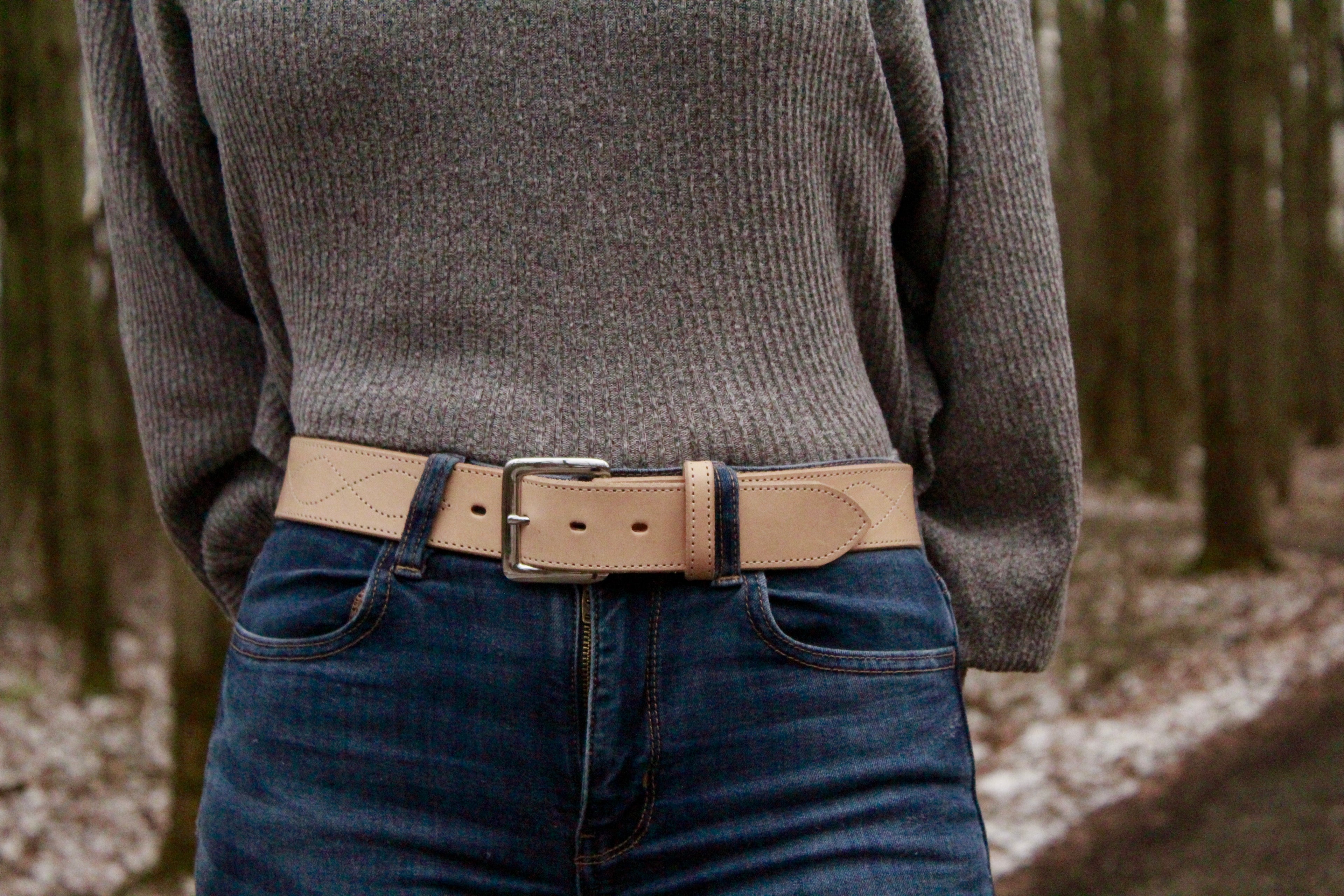 Evelyn Women's Leather Belt, closeup on person