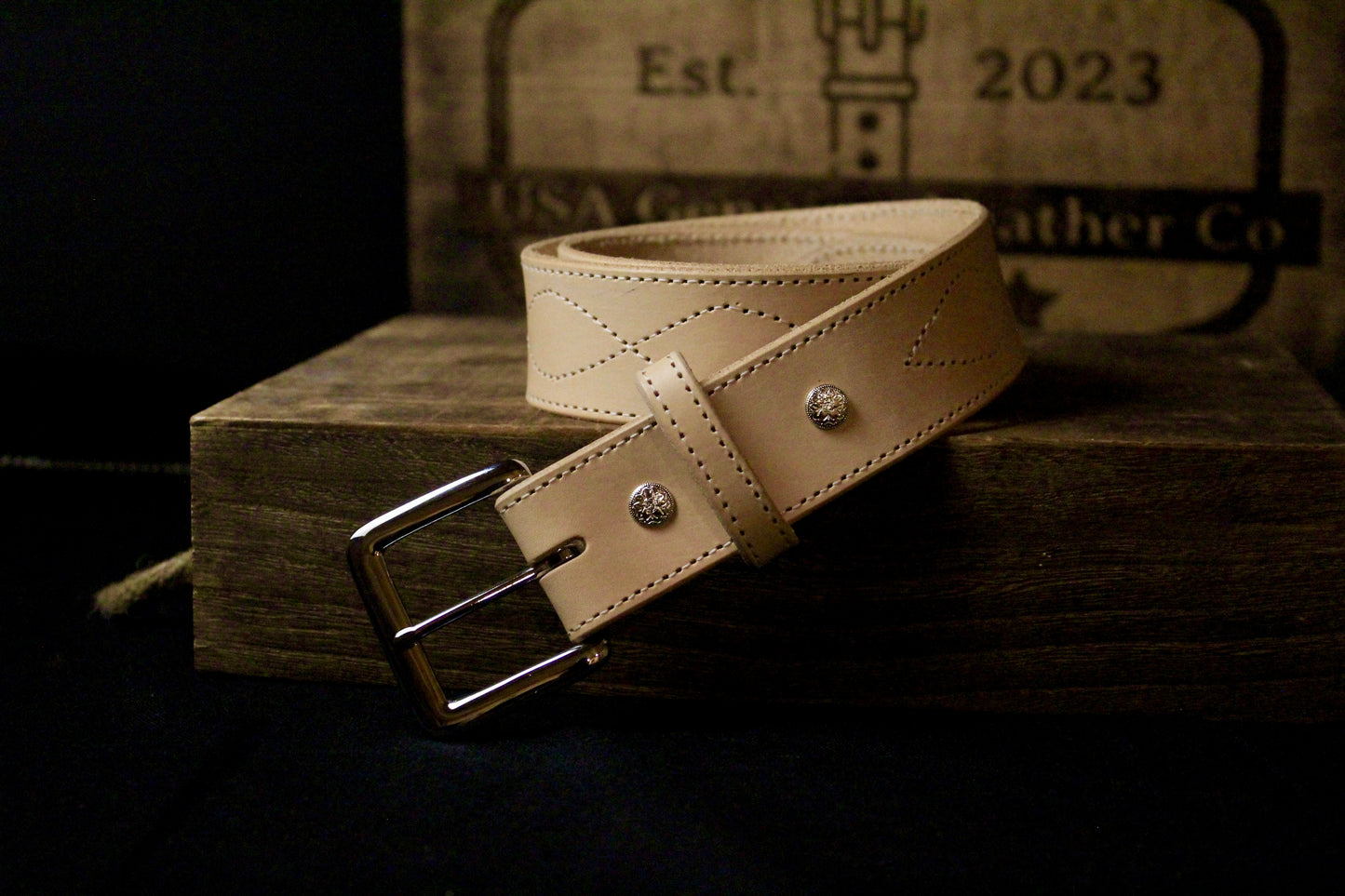 Evelyn Womens Leather Belt, front view rested