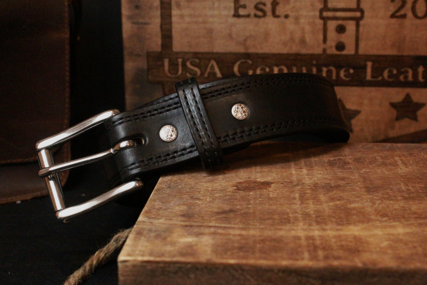 Black Work Belt, men’s leather belt, front right view