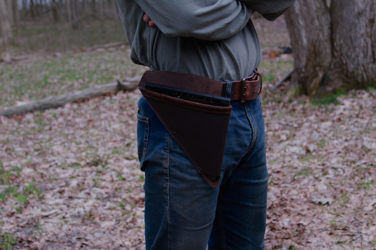 Leather Speed Square Holder, side view on person