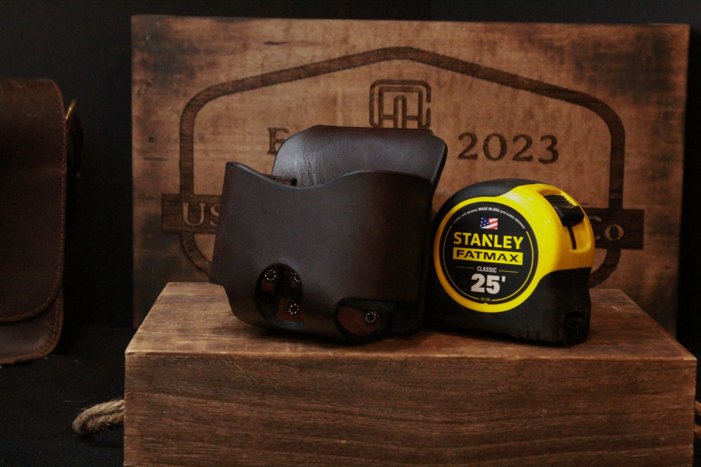 Leather Tape Measure Holder, front right view
