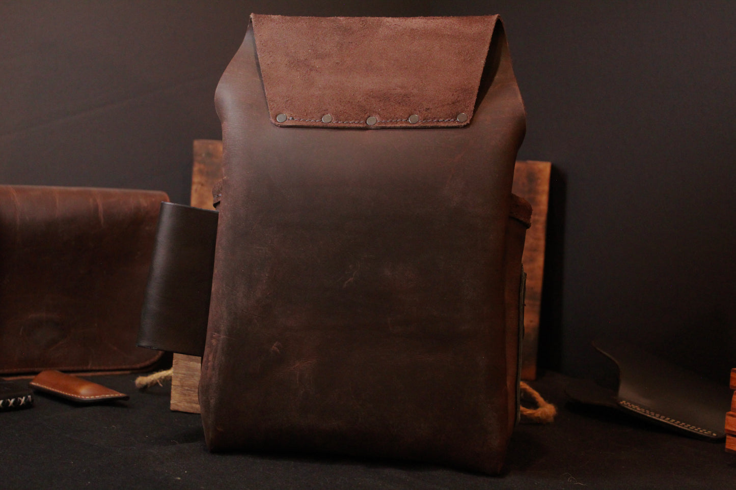 Left Side Leather Tool Bag, brown, back view