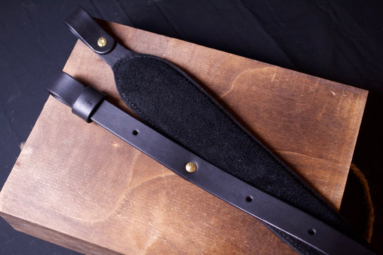 Black Padded Leather Gun Strap, black  padded leather rifle sling, black, top view, inside, padded leather rifle strap, padded leather gun sling - handcrafted
