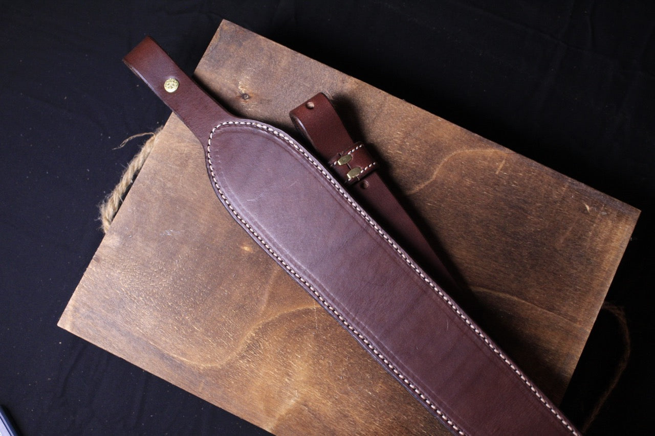 brown Padded leather Gun Strap, brown padded leather rifle sling, top view - padded leather rifle strap - padded leather rifle sling - for hunting - handcrafted