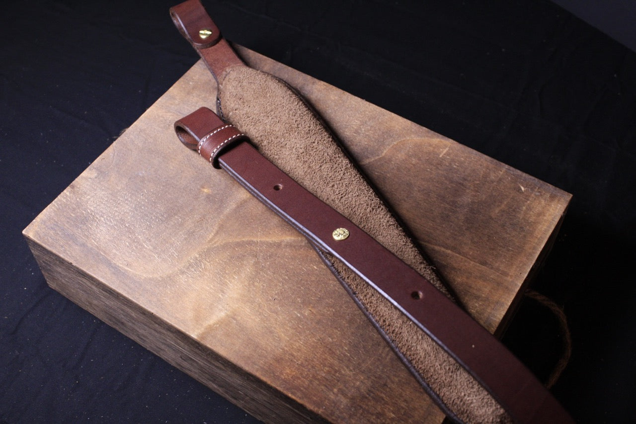 Brown Padded Leather Gun Strap, brown padded leather rifle sling, top view, inside - padded leather gun sling - padded leather rifle strap for hunting - handcrafted