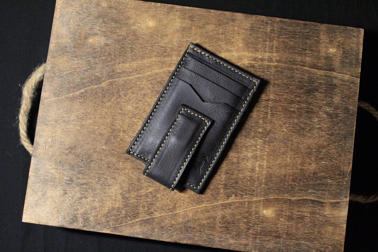 The Cash Magnet Slim Wallet, mens leaher wallet, black w/ tan, top right view