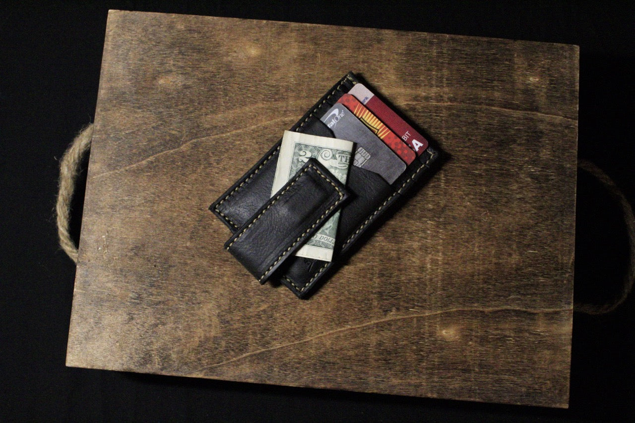 The Cash Magnet Slim Wallet, mens leaher wallet, black w/ tan, top view