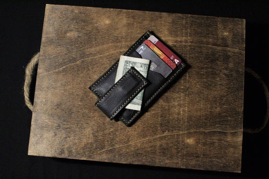 The Cash Magnet Slim Wallet, mens leaher wallet, black w/ tan, top view