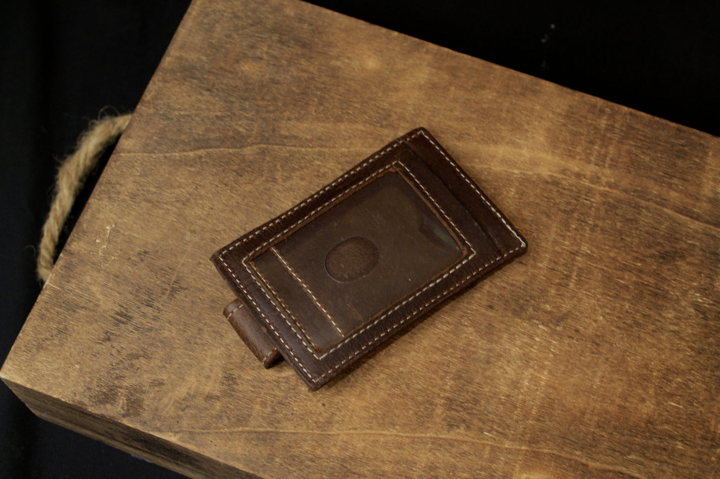 The Cash Magnet Slim Wallet, mens leather wallet, brown w/ white , back view