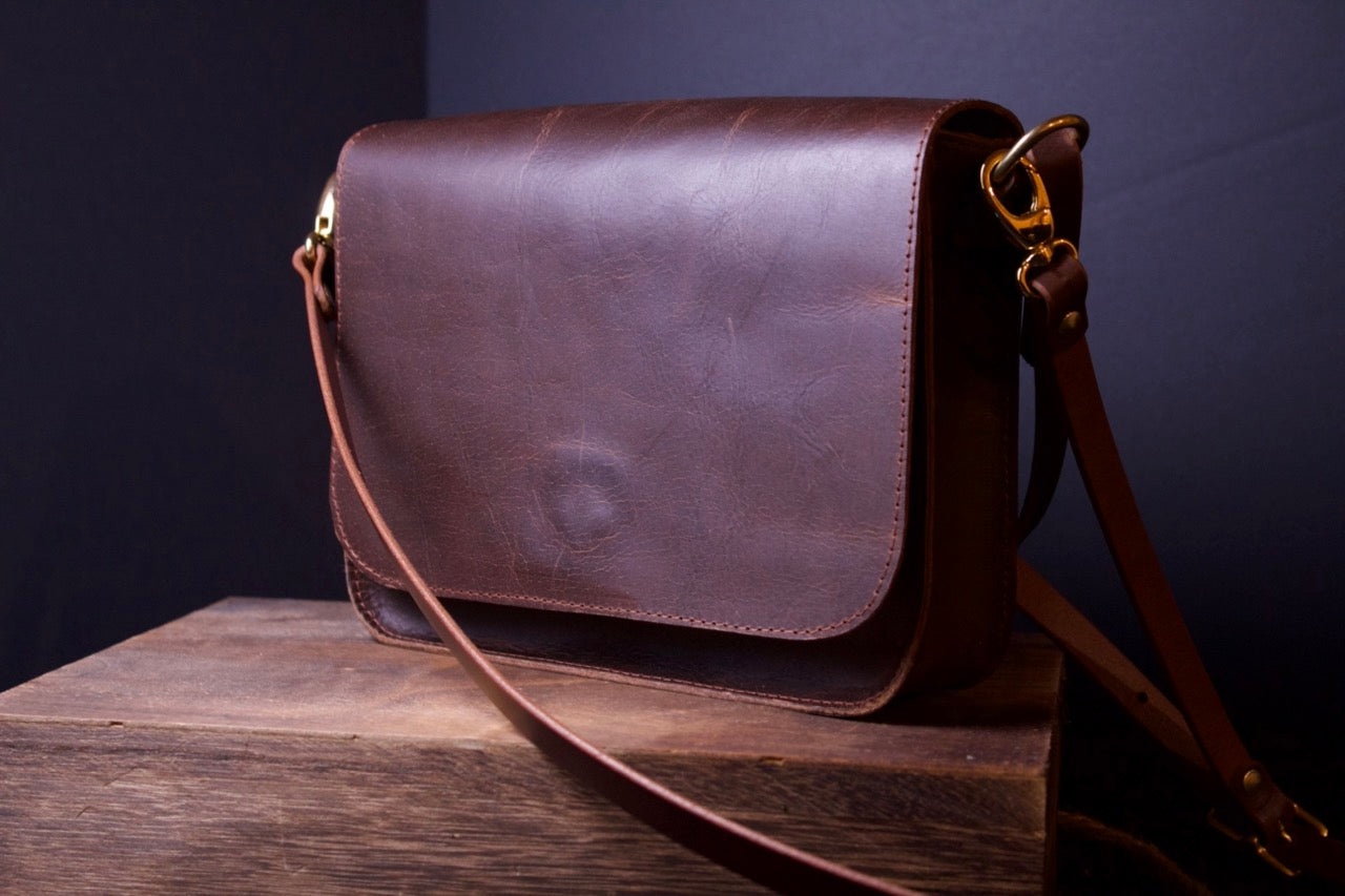 The Dixie Leather Handbag, brown women's purse, front right view