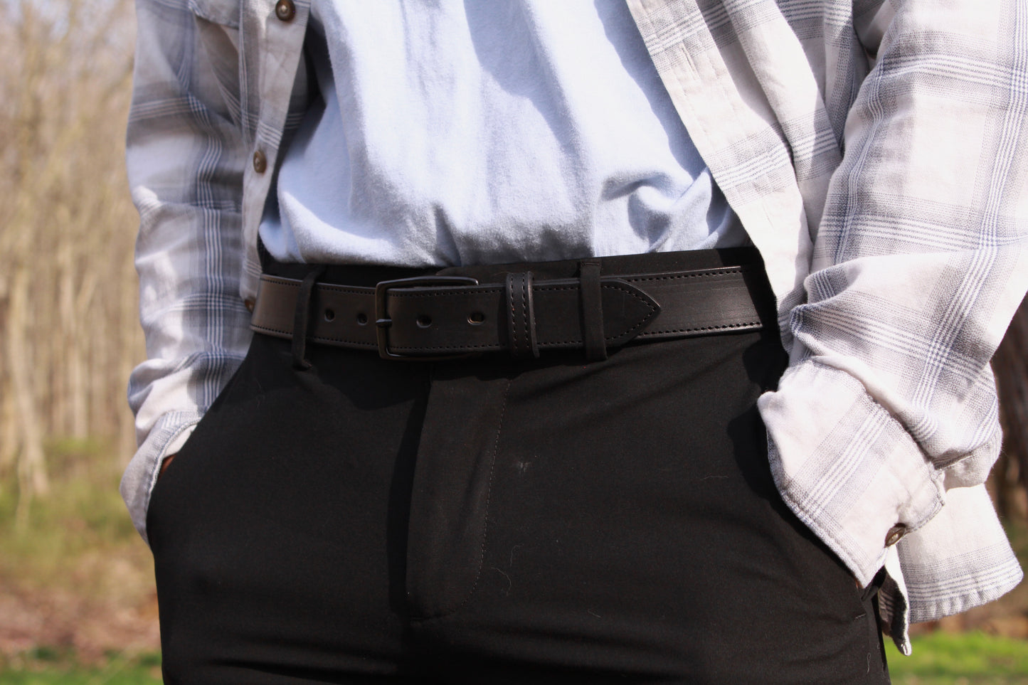 The Presidential mens leather belt , black, on person view