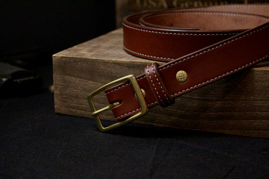 The Presidential mens leather belt , gold, front right view