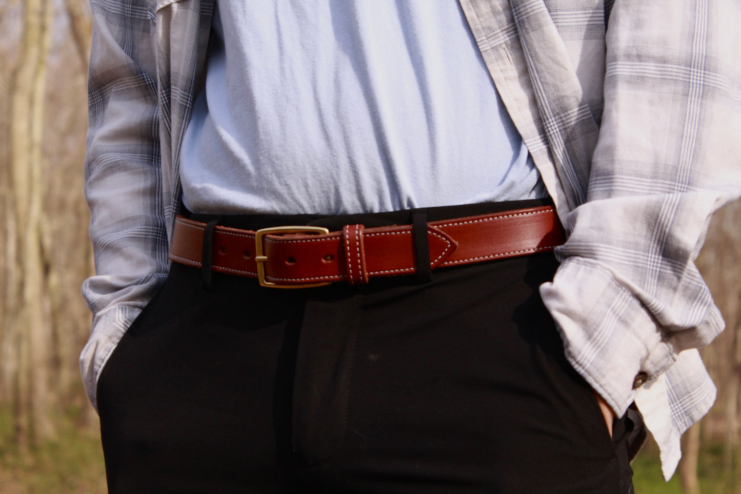 The Presidential mens leather belt , gold, on person view