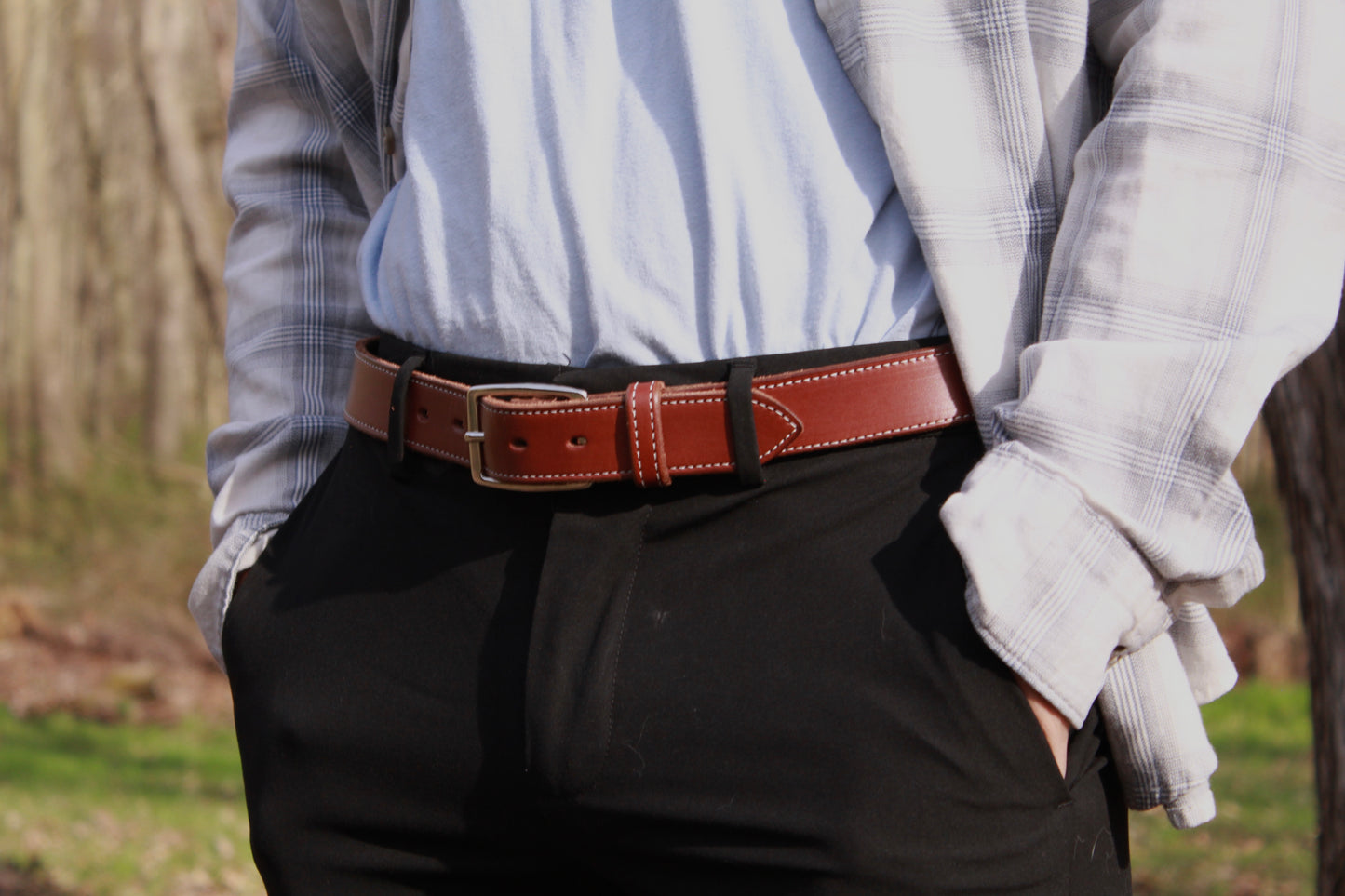 The Presidential mens leather belt , silver, on person view