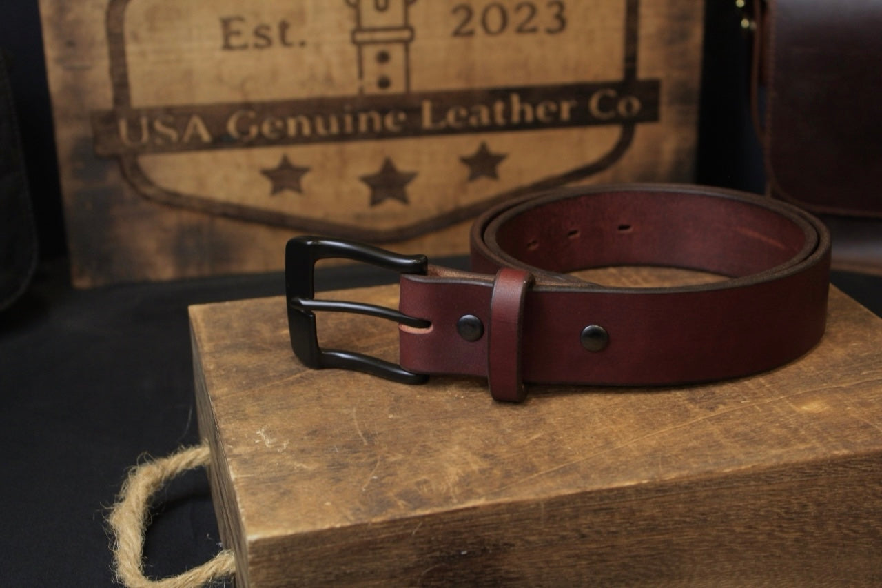 The Ron Burgundy mens leather belt, front left view