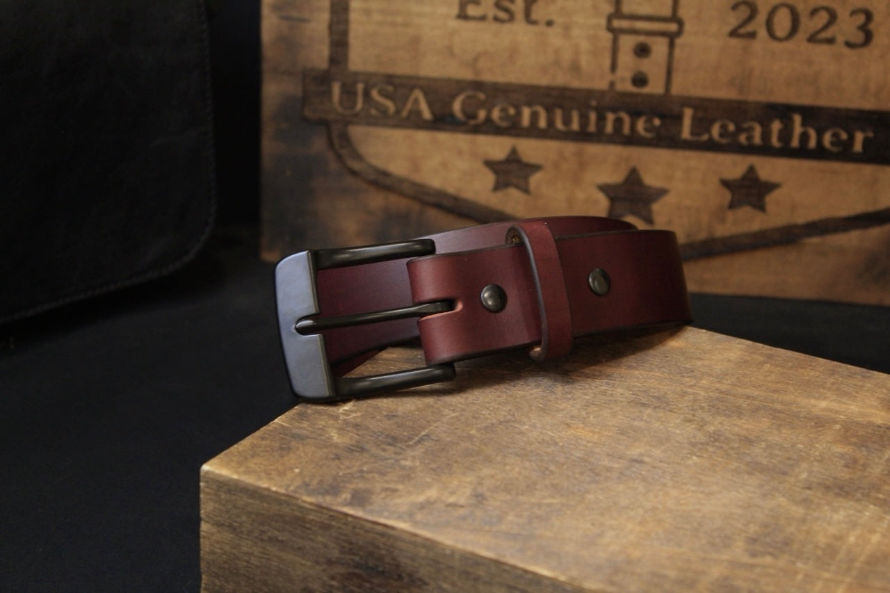 The Ron Burgundy mens leather belt, front right view