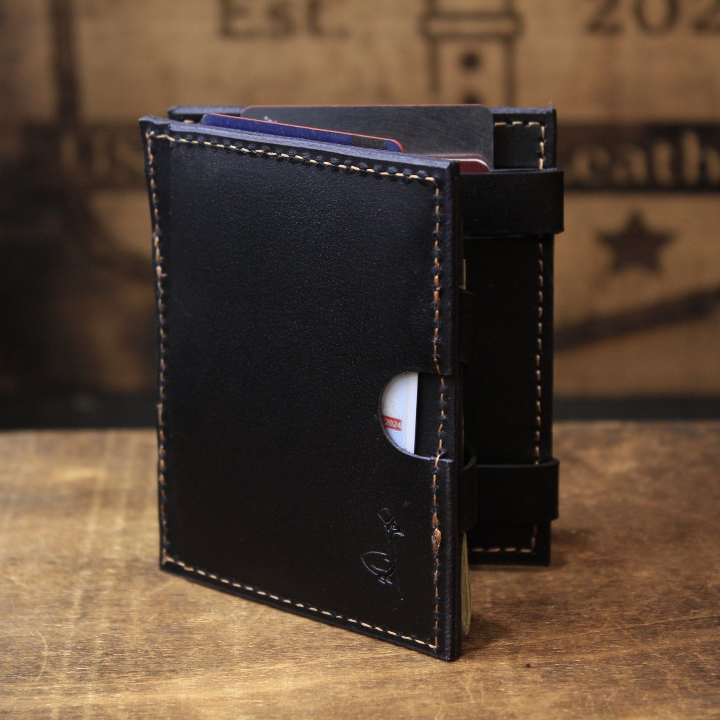 “WTF” Wallet, mens leather wallet, black front view 