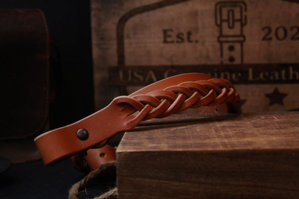golden brown braided leather gun sling - golden brown braided leather gun strap - front - braided leather rifle sling - braided leather rifle strap for hunting