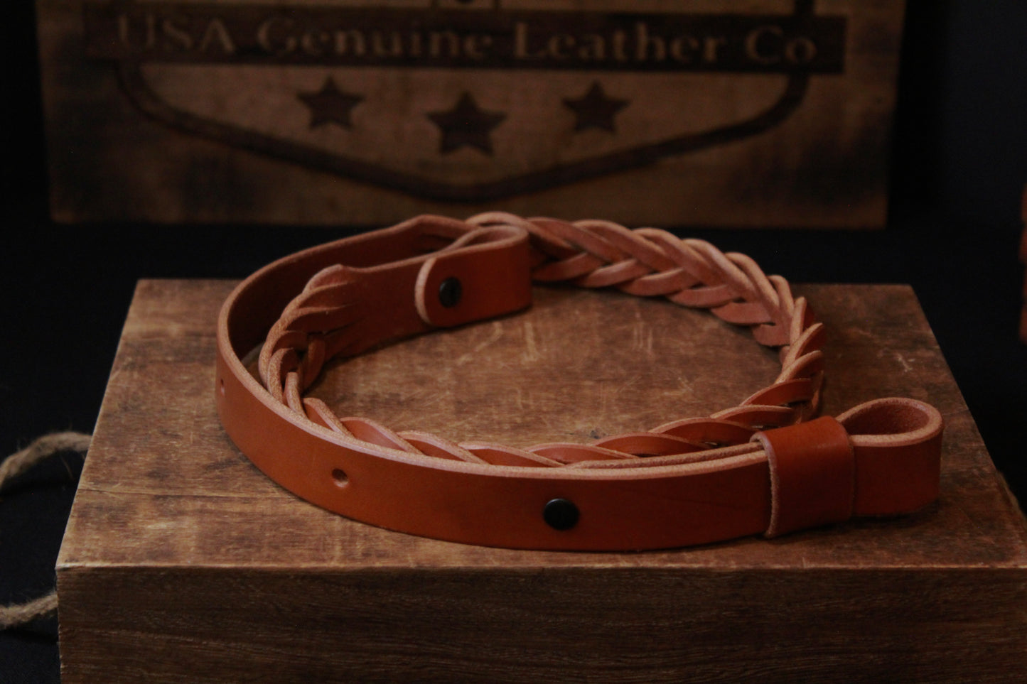 golden brown braided leather gun strap - golden brown braided leather gun sling - golden brown - top - braided leather rifle sling - braided leather rifle strap for hunting