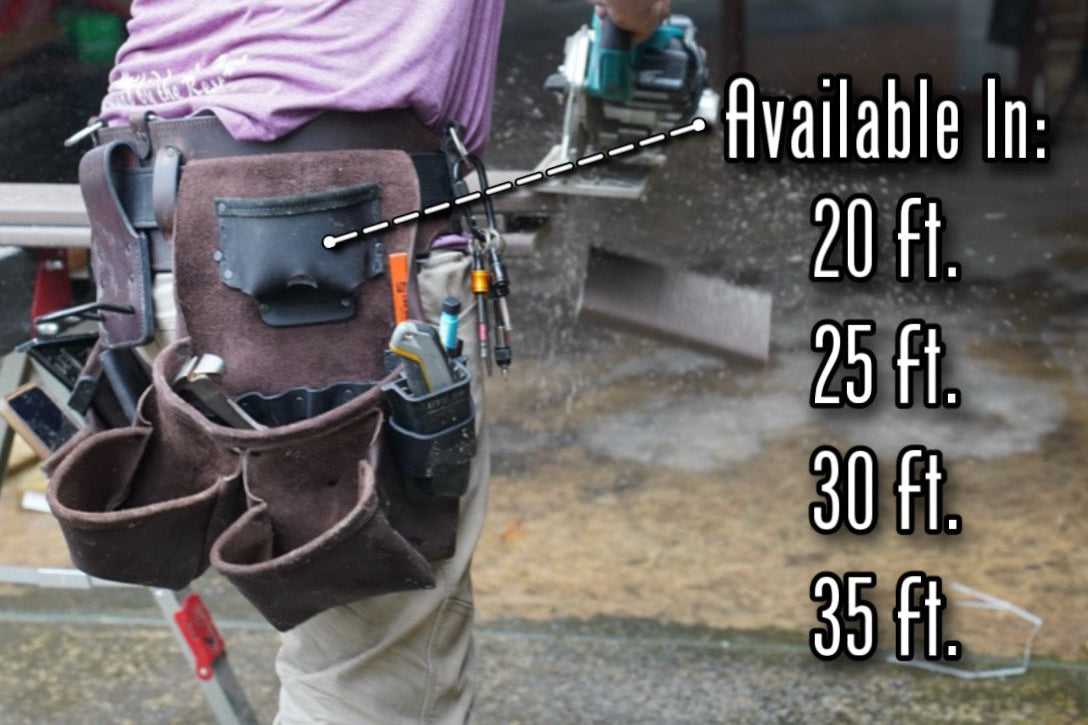 brown leather tool belt, back right view on person, description