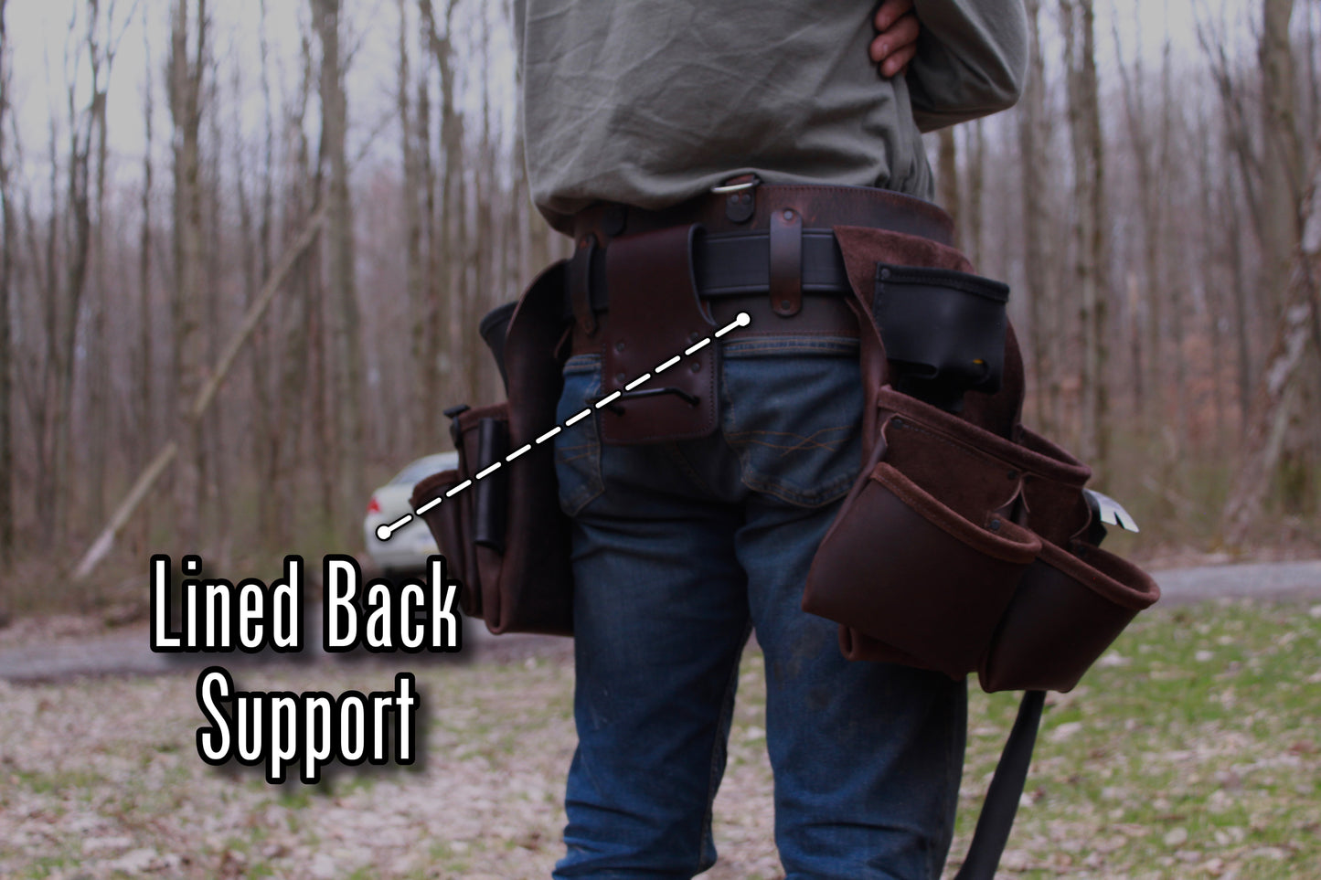 brown leather tool belt, back view on person, description