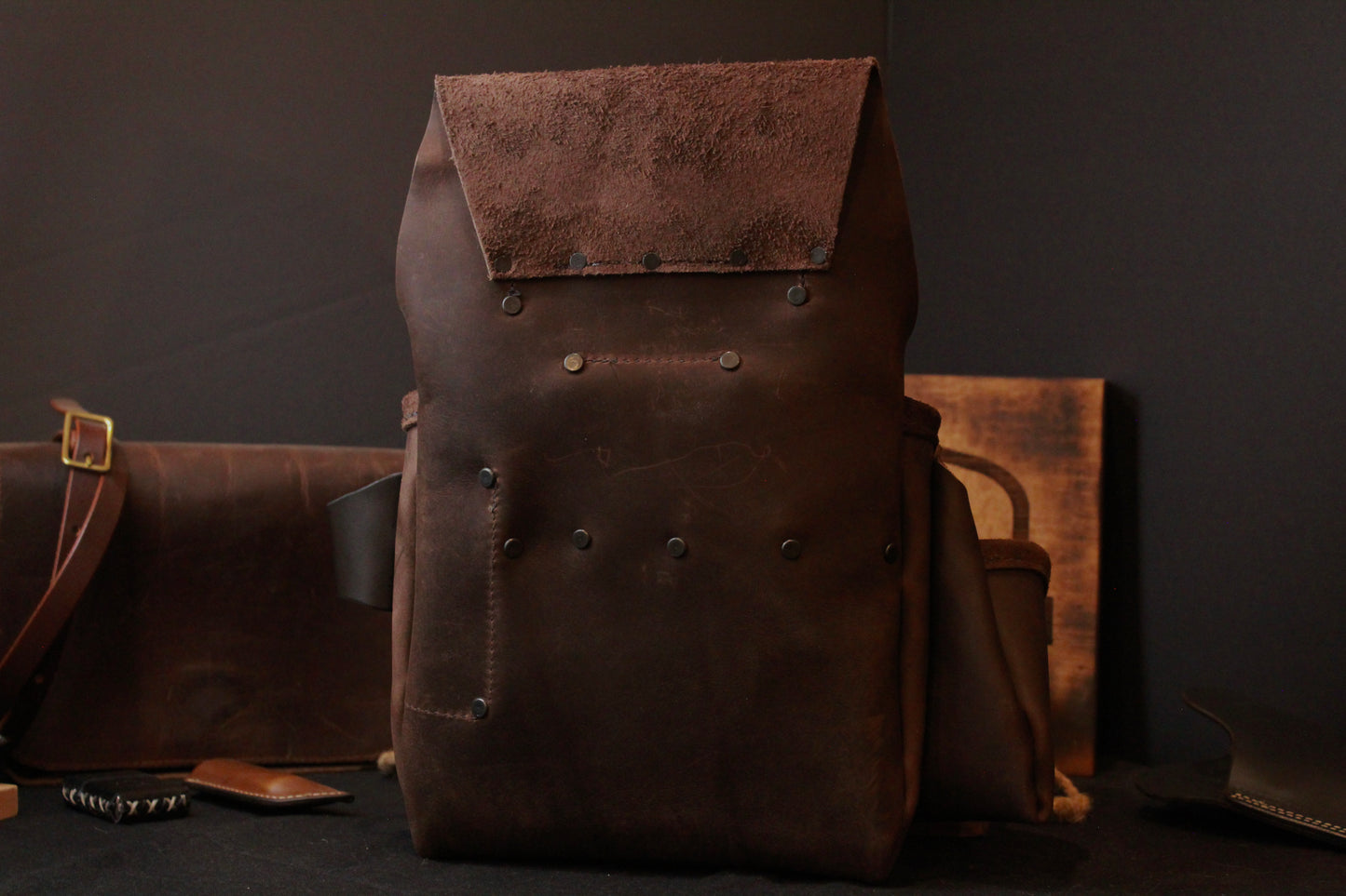 leather Tool Bag, brown, back view