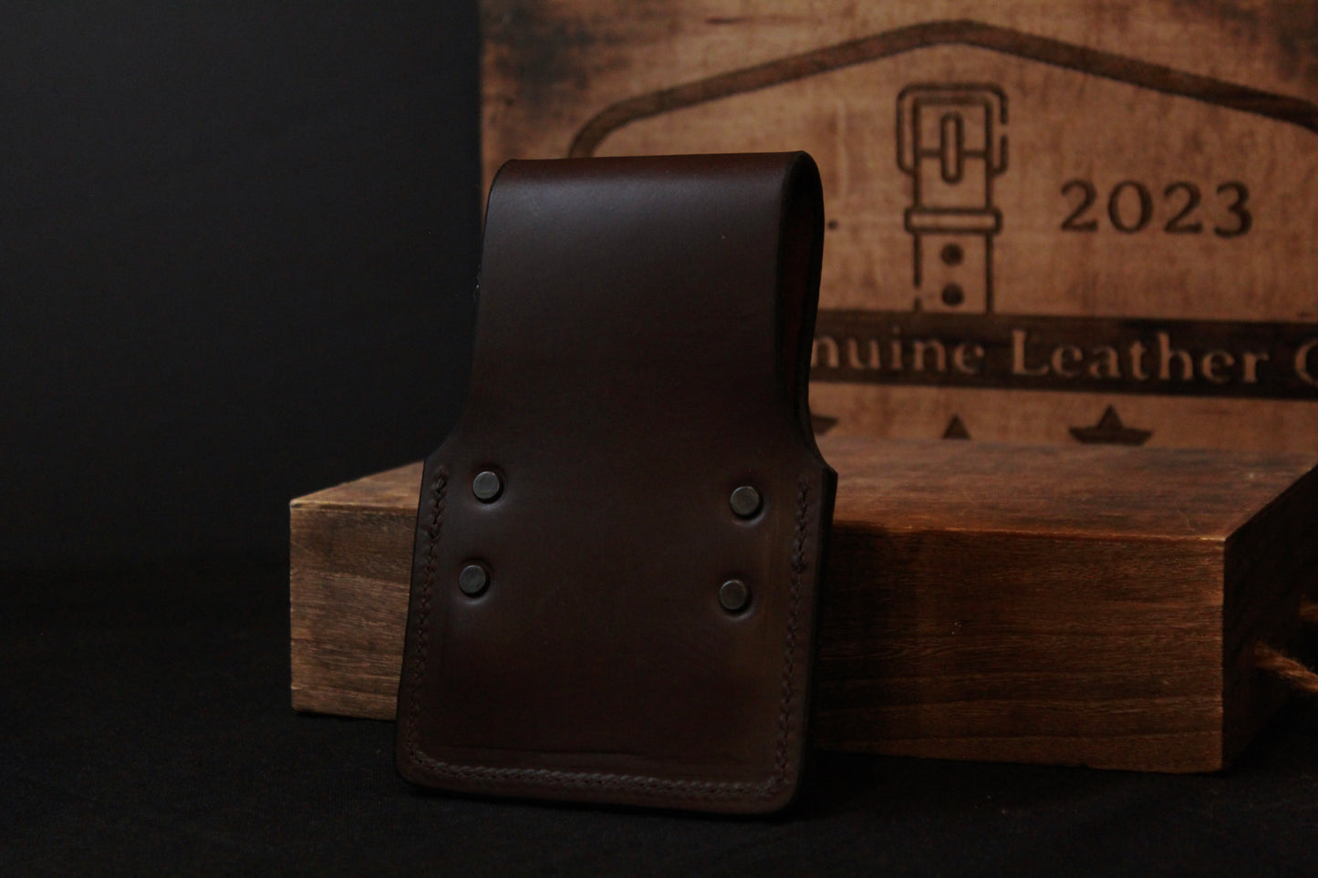 low mount leather hammer holder, back view 