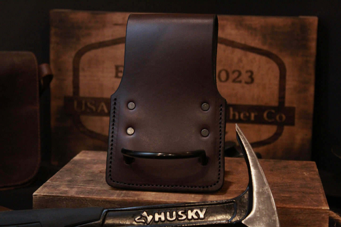 low mount leather hammer holder, front view