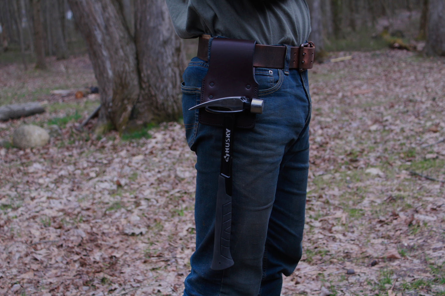low mount leather hammer holder, side view on person