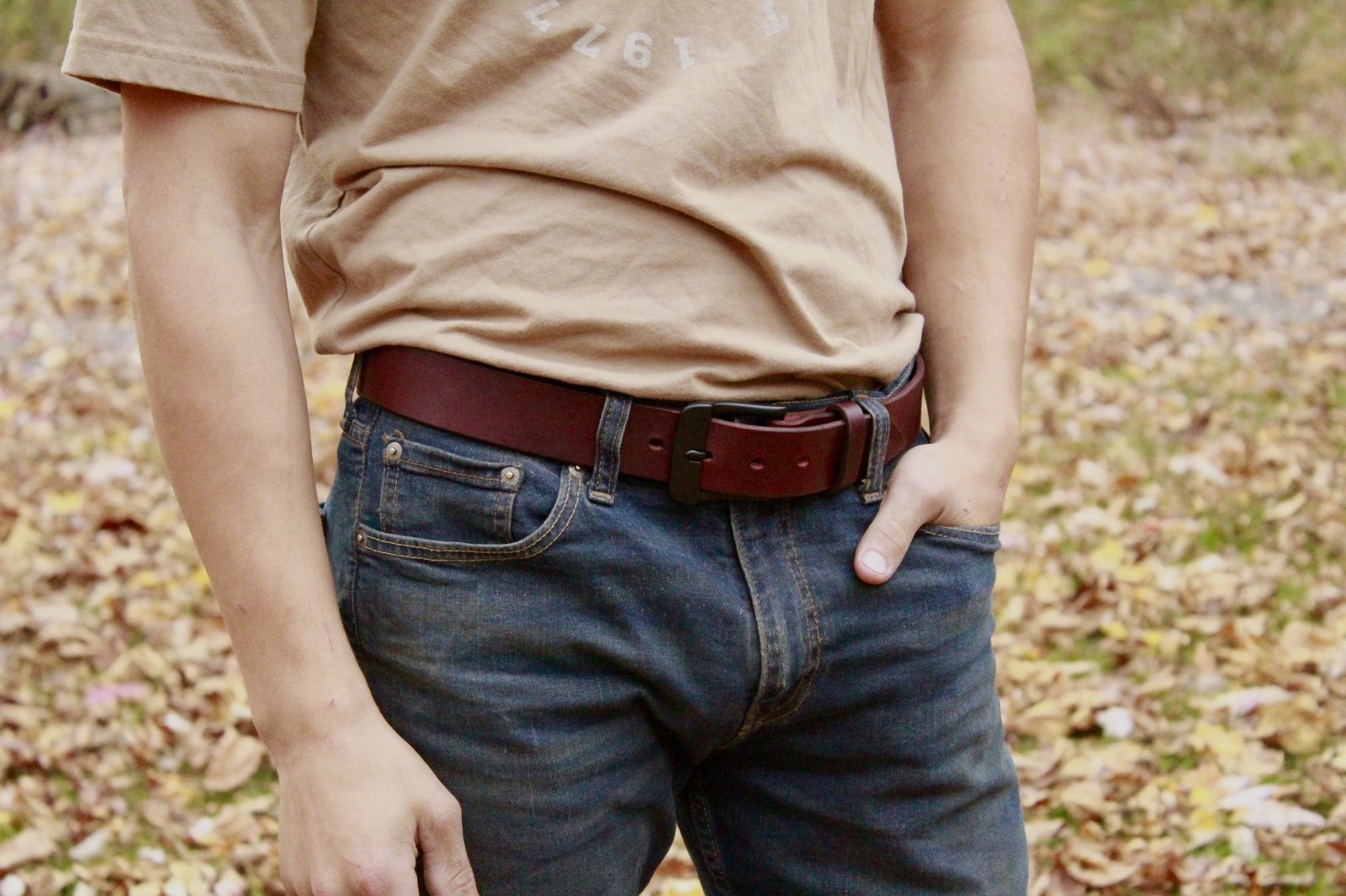 mens brown handcrafted leather belt on person. brown handcrafted leather belt - made in the USA