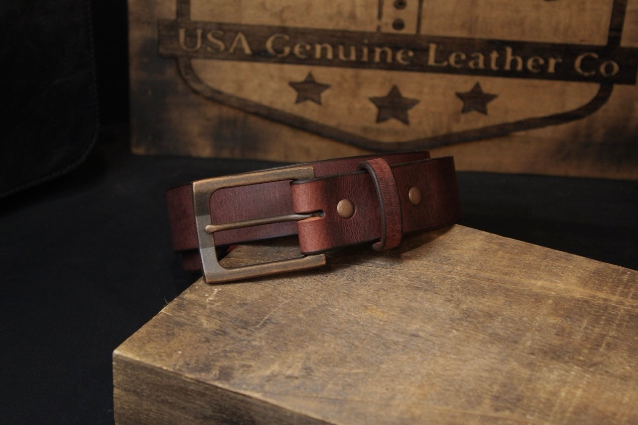 the oxblood mens leather belt, front view